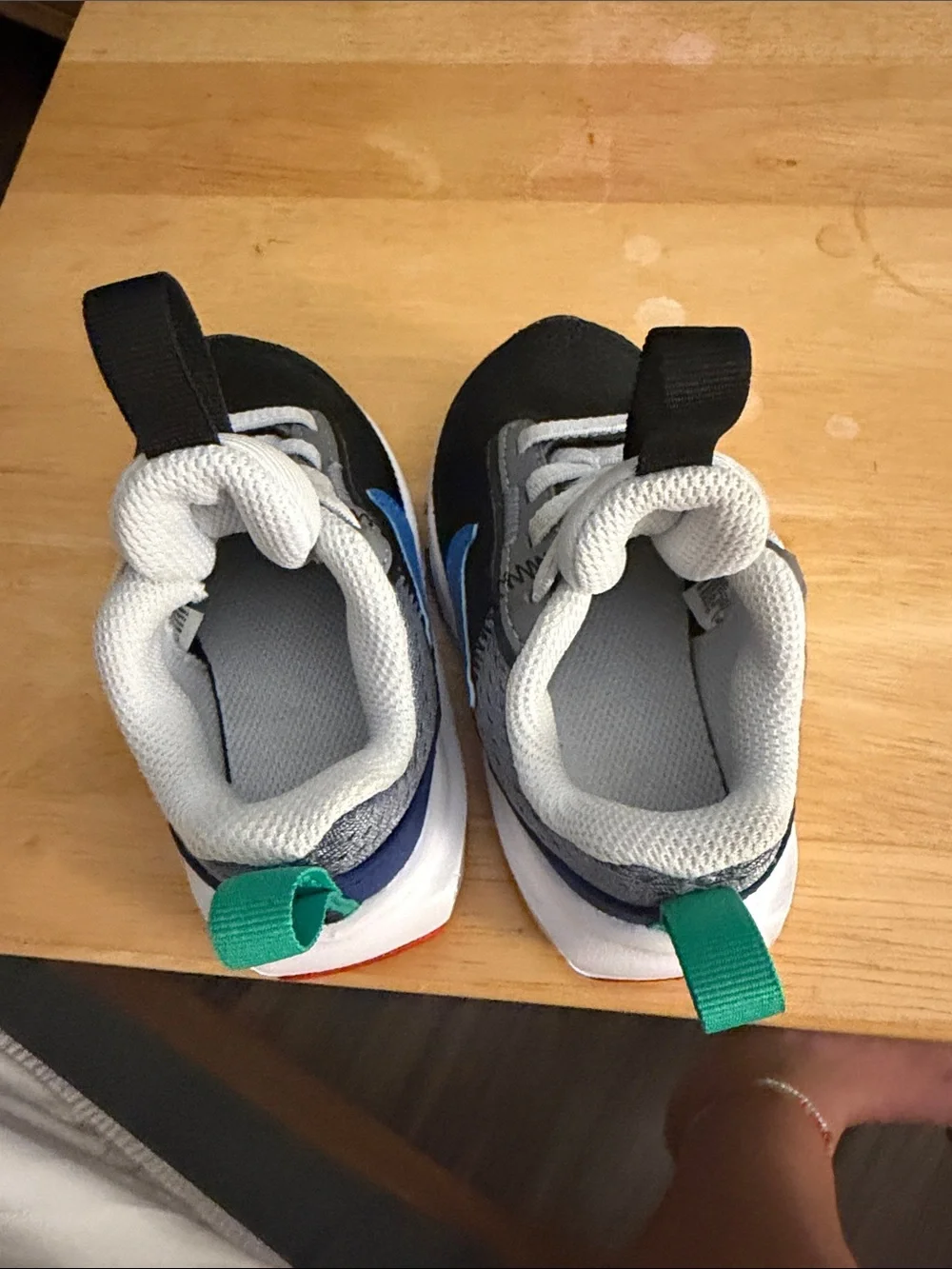 Nike Kids Black, Gray and Blue Sneakers with Teal Pull Tabs